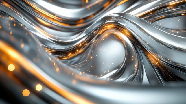 A futuristic 3D rendering of layered metal curves in silver and gold with glowing light reflections, creating a modern aesthetic