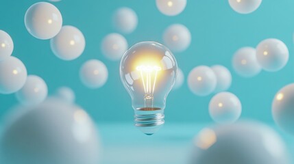 Poster - A symbolic glowing light bulb in the center of floating white spheres on a light blue background, representing a creative breakthrough or spark of inspiration
