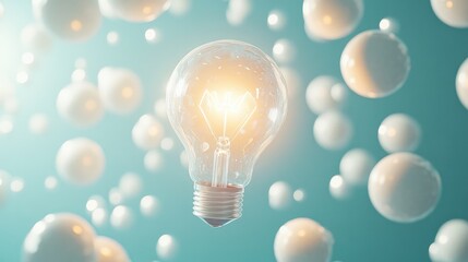Poster - A symbolic glowing light bulb in the center of floating white spheres on a light blue background, representing a creative breakthrough or spark of inspiration