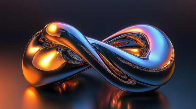 A glossy abstract metallic curve pattern rendered in 3D with a sleek chrome finish, on a dark gradient background