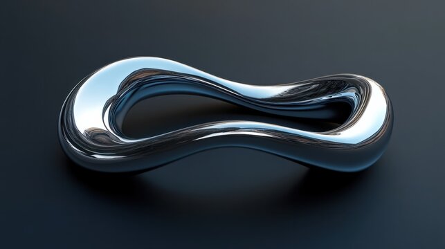 A glossy abstract metallic curve pattern rendered in 3D with a sleek chrome finish, on a dark gradient background