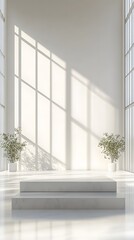 Wall Mural - A minimalist podium with soft, glowing edges, placed in a vast white room with tall windows letting in soft natural light