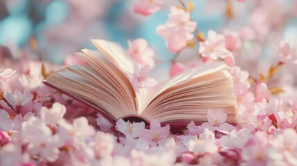 Poster - A tranquil image of an open book resting among pastel-colored spring blossoms, with scattered petals and soft natural light creating a peaceful and romantic setting