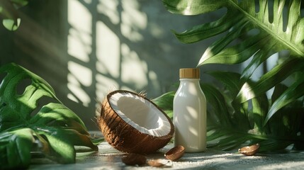 Poster - A tropical scene featuring a cracked coconut, a bottle of coconut milk, and lush green leaves, evoking freshness and natural goodness