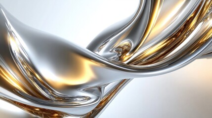 Leinwandbilder - A minimalist 3D rendering of metallic curves in silver and gold, with reflective surfaces and dynamic motion, on white