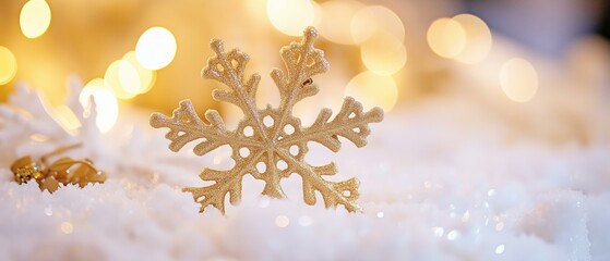 Wall Mural - Elegant Gold Snowflake on Sparkling White Background - Festive Winter Holiday Photo