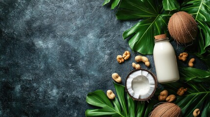 Poster - A tropical-themed scene with a bottle of coconut milk, scattered nuts, and vibrant green leaves, creating a natural, fresh atmosphere perfect for wellness imagery