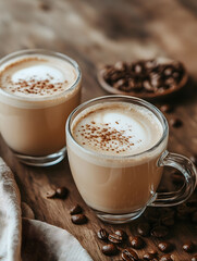 Poster - Pair of Coffee Mugs on Rustic Wooden Table with Coffee Beans : Generative AI