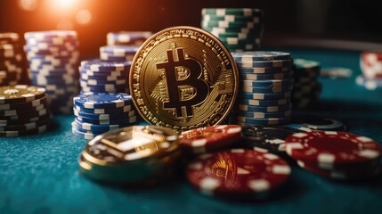 Poster - A vibrant casino setting with Bitcoin tokens and poker chips spilling across the table, illuminated by flashing lights, symbolizing the excitement of the game