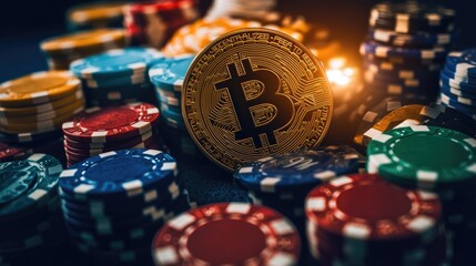 Poster - A vibrant casino setting with Bitcoin tokens and poker chips spilling across the table, illuminated by flashing lights, symbolizing the excitement of the game