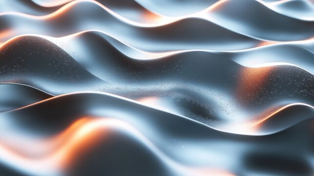 A modern abstract metal wave design rendered in 3D with glossy textures and glowing highlights, creating depth and movement
