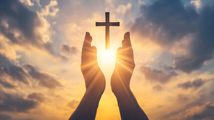 Poster - Hands Holding Cross Against Golden Sunset Expressing Hope and Faith : Generative AI