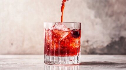 Poster - A vibrant red stream of cranberry syrup pouring into a glass, frozen mid-motion on a clean, minimalist background, emphasizing color and fluidity