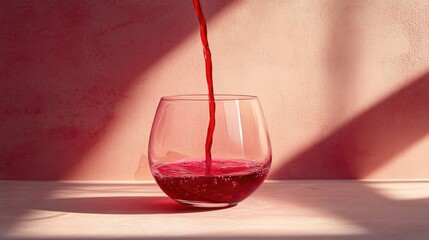 Poster - A vibrant red stream of cranberry syrup pouring into a glass, frozen mid-motion on a clean, minimalist background, emphasizing color and fluidity