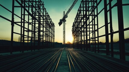 Poster - A wide-angle perspective of metal bars converging toward a crane in the distance, with a dusky sky creating a calm yet powerful construction scene