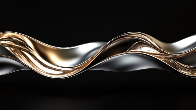 Abstract flowing metal curves with glossy reflections and dynamic shapes, rendered in a futuristic 3D style, on black