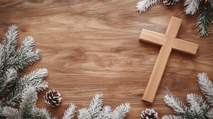 Poster - A wooden cross placed on a natural wood table with white festive decor, creating a simple, elegant symbol of faith surrounded by the warmth of holiday spirit