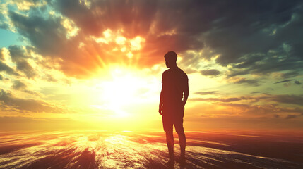 Poster - Silhouette of Man Standing on Reflective Beach at Sunset with Vibrant Sky : Generative AI