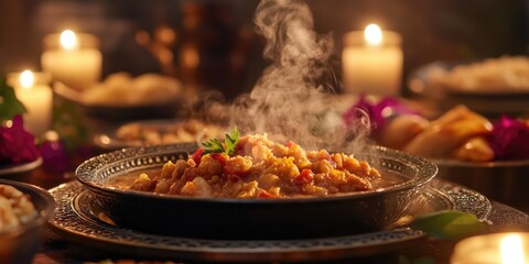 Wall Mural - A bowl of soup is steaming on a table with candles and other food