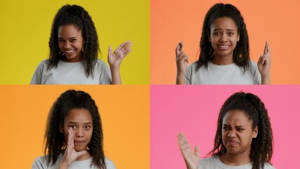 Poster - A young African American girl displays a variety of emotions through gestures, including joy, anxiety, surprise, and disbelief against bright colored backgrounds.