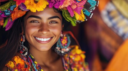 Poster - A young woman wearing vibrant traditional attire, adorned with intricate jewelry and floral accessories, smiling radiantly in a joyful and colorful cultural setting