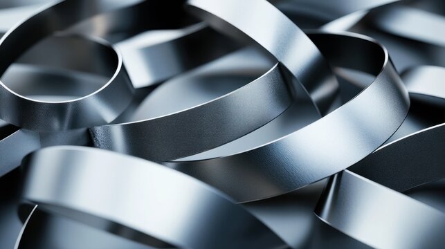 Abstract overlapping metal ribbons in a 3D rendering with polished chrome and matte silver textures, on a clean background