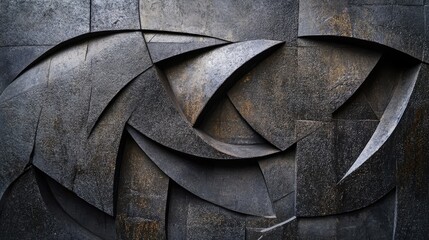 Poster - Abstract composition of black geometric stone shapes with intricate textures, illuminated by dynamic lighting effects, creating a bold and modern artistic scene