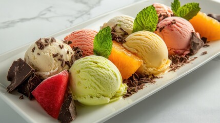 Poster - An ice cream platter featuring a variety of fruit flavors, garnished with chocolate shavings and fresh mint leaves, creating a refreshing and indulgent dessert scene