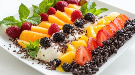 Poster - An ice cream platter featuring a variety of fruit flavors, garnished with chocolate shavings and fresh mint leaves, creating a refreshing and indulgent dessert scene