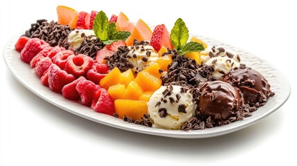 Poster - An ice cream platter featuring a variety of fruit flavors, garnished with chocolate shavings and fresh mint leaves, creating a refreshing and indulgent dessert scene