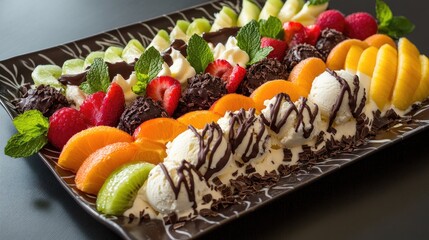 Aufkleber - An indulgent ice cream platter with a variety of fruit flavors, garnished with chocolate shavings and mint leaves, creating a tempting and visually appealing treat