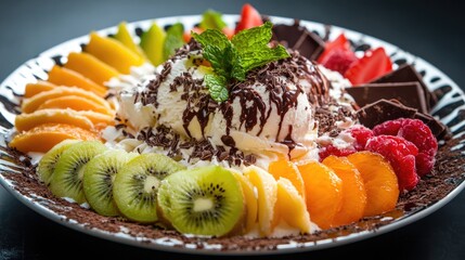 Aufkleber - An indulgent ice cream platter with a variety of fruit flavors, garnished with chocolate shavings and mint leaves, creating a tempting and visually appealing treat