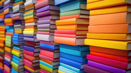 Poster - An inspiring office desk with vibrant books stacked, evoking a sense of creativity and modernity in a minimalist, dynamic workspace