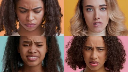 Poster - A collection of four individuals showcases a range of emotions, each person displaying thoughtful expressions. The setting features vibrant background colors, enhancing their diverse characteristics.