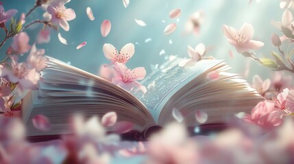 Poster - An open book surrounded by pastel-colored spring blossoms, with soft petals scattered across the scene, glowing gently in soft natural light for a tranquil vibe
