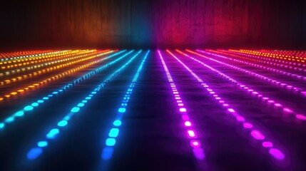 Poster - Bright multicolor LED lights illuminating a dark room, creating a vibrant, dynamic ambiance with a stunning glow