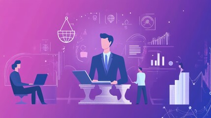 Poster - Business leader addressing ethical decision-making in AI with icons of law, governance, and AI ethics in a digital workspace