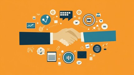 Poster - Business professionals shaking hands with digital marketing icons in the background, representing B2B e-commerce and institutional sales strategy
