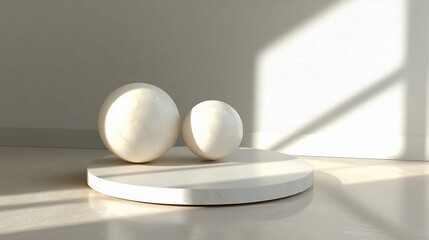 Aufkleber - Two white spheres on a round platform, sunlit.
