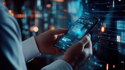 Poster - Businessman shopping online using smartphone with shopping cart interface and virtual marketplace concept, browsing e-commerce website for products