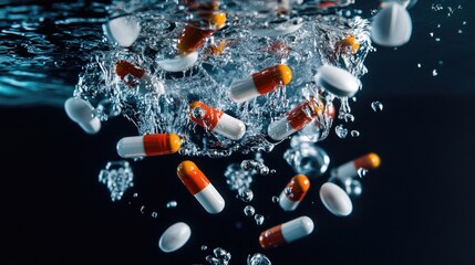 Aufkleber - Capsules and pills falling into water with splashes frozen in time, symbolizing health and wellness, captured in a moment of dynamic motion