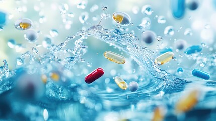 Aufkleber - Capsules and pills falling into water with splashes frozen in time, symbolizing health and wellness, captured in a moment of dynamic motion