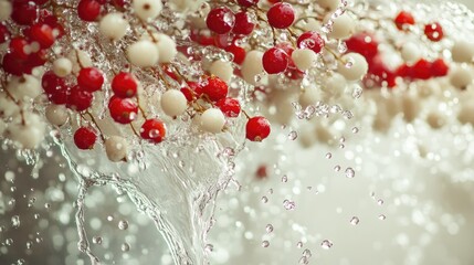 Poster - Cascading water splashes surround levitating red and white berries, capturing a dynamic and refreshing energy in a visually striking and lively scene