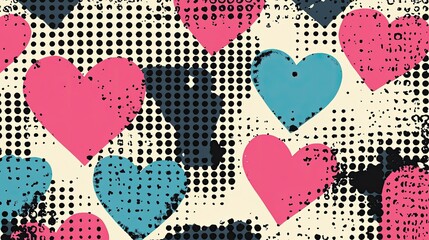 Fototapete - Classic comic-style halftone pattern with pink, blue, and black hearts scattered evenly.