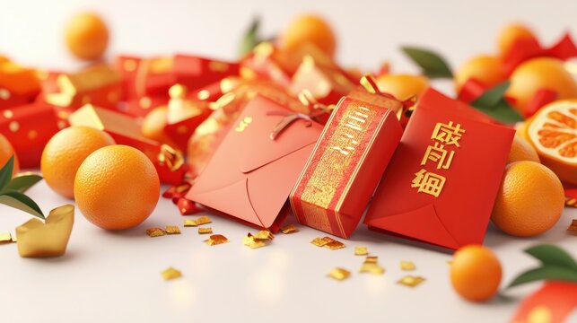 A modern 3D rendering of sleek red envelopes with golden text, surrounded by festive gifts and oranges, symbolizing Chinese New Year prosperity, on white