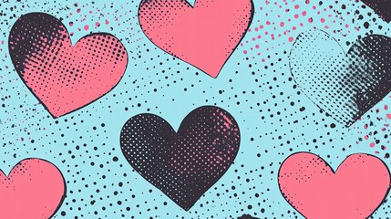 Fototapete - Classic comic-style halftone pattern with pink, blue, and black hearts scattered evenly.