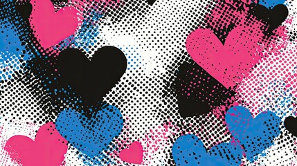 Fototapete - Classic comic-style halftone pattern with pink, blue, and black hearts scattered evenly.