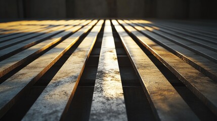 Poster - Close-up of metallic bars arranged on a concrete floor, illuminated by warm evening light, creating delicate shadow play and highlighting the material texture