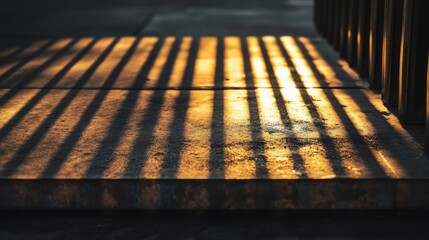 Poster - Close-up of metallic bars arranged on a concrete floor, illuminated by warm evening light, creating delicate shadow play and highlighting the material texture