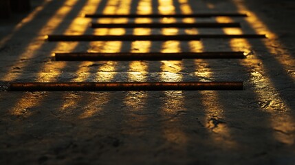 Poster - Close-up of metallic bars arranged on a concrete floor, illuminated by warm evening light, creating delicate shadow play and highlighting the material texture